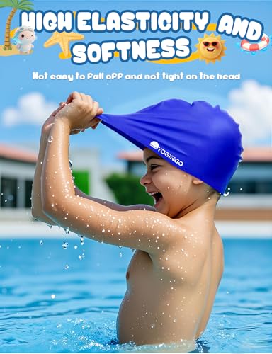 Kids Swim Cap Set - Silicone Swim Caps for Long & Short Hair - Black & Blue