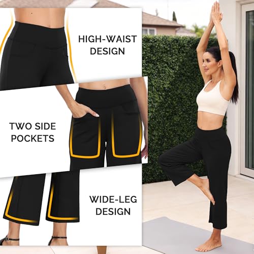 CADMUS High Waist Yoga Pants Women Wide Leg with Pockets 25" Inseam Large Black