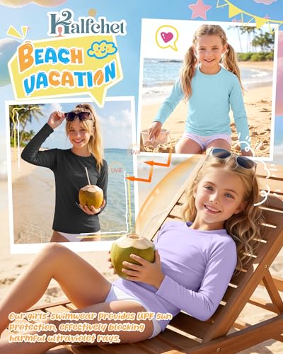 Girls' Long Sleeve Sun Shirts - 3 Pack Rash Guard 13-14Y Black, Light Blue, Light Purple