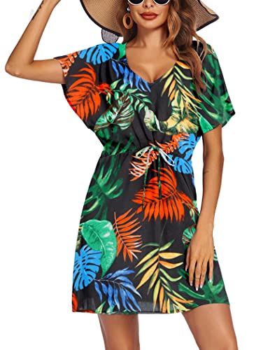 Womens Short Sleeve Beach Cover Up Dress - Black Leaf, Small