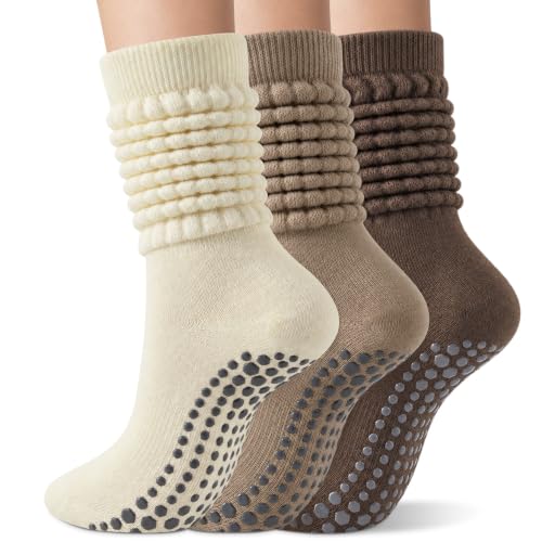 Non-Slip Grip Pilates Socks - 3 Pairs in Beige, Khaki, Brown