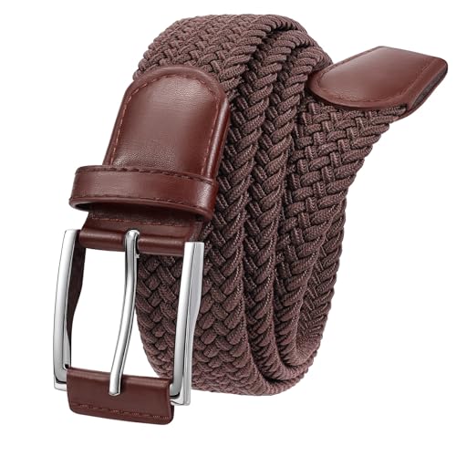 Braided Stretch Belt for Men - Elastic Woven Golf Belt, Coffee - Waist 33-38in