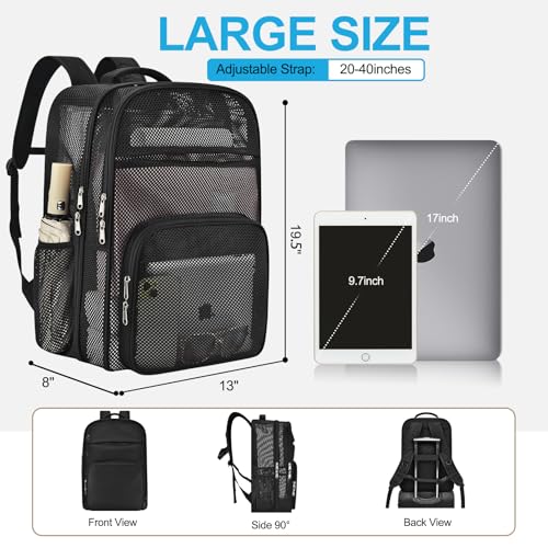 Heavy Duty Mesh Backpack 39L Large Black Travel Bag for Men & Women