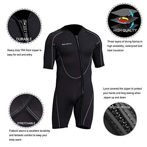 Men's 3mm Shorty Wetsuit - Full Body Front Zip for Diving, Snorkeling, Kayaking - Large