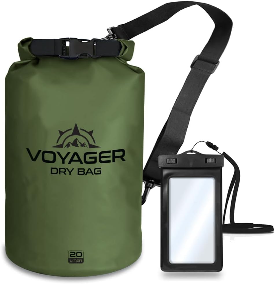 Voyager Waterproof Dry Bag - Heavy Duty Roll Top Sack with IPX8 Phone Case | 20L Green for Kayaking & Camping