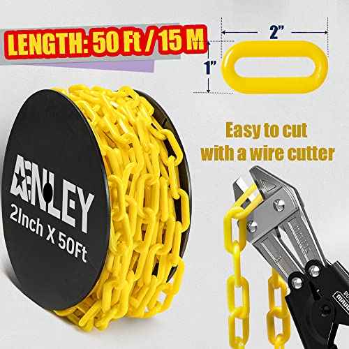 Anley 50 FT Plastic Chain Links - Safety Barrier Chains - Rustproof, Lightweight & Easy to Cut - High Visibility for Crowd Control, Caution, Security, Construction Site (2 Inch x 50 Feet, Yellow)