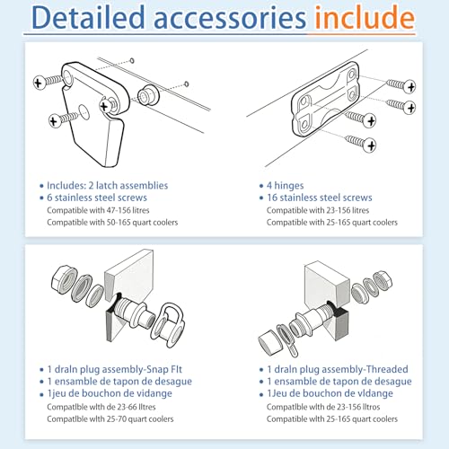 Cooler Hinge Replacement Kit for Igloo 50-165 Qt - White, 4 Pack