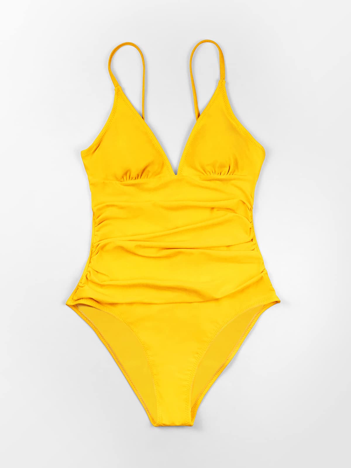 CUPSHE Womens Swimwear Shirring Design V-Neck Low Back One Piece Swimsuit, X-Large, Yellow