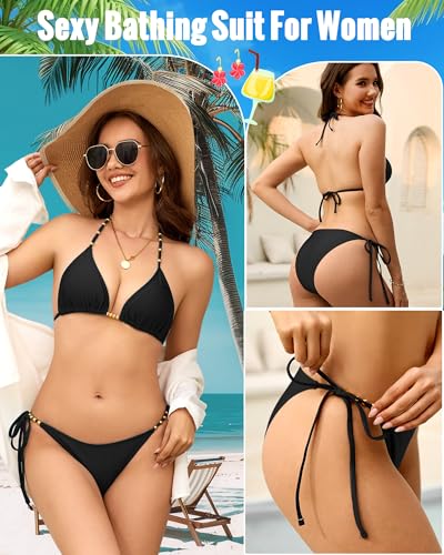 Women's Triangle Bikini Set - Black Medium with Gold Beads