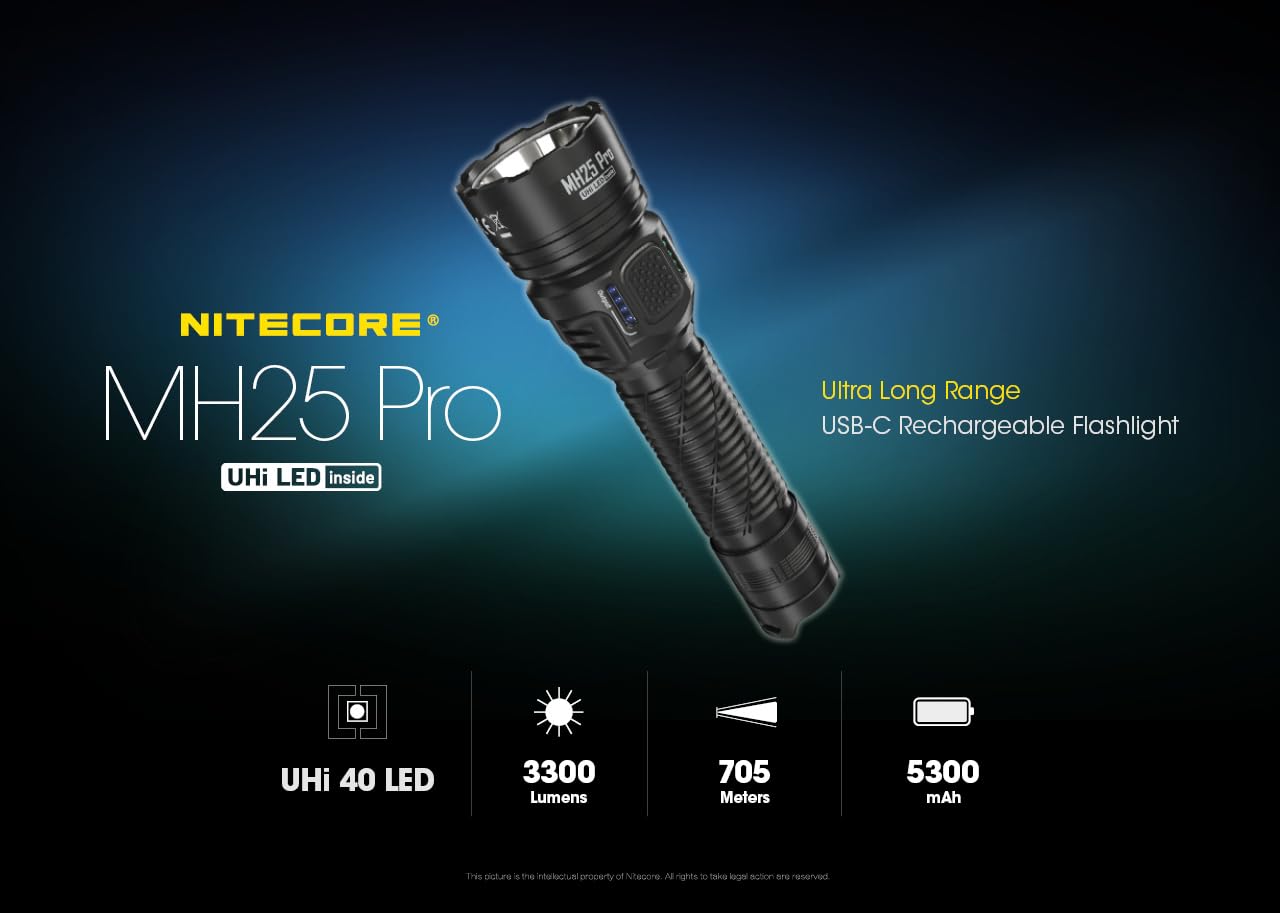 Nitecore MH25 Pro Long Throw Flashlight, 3300 Lumen High Lumen 770 Yard Long Range, USB-C Rechargeable Compact Duty Hunting Light Sticker