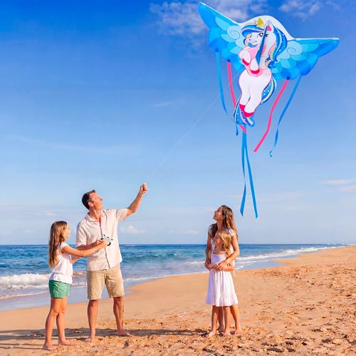 Blue Unicorn Kite - Large Easy Fly Beach Kite for Kids & Adults