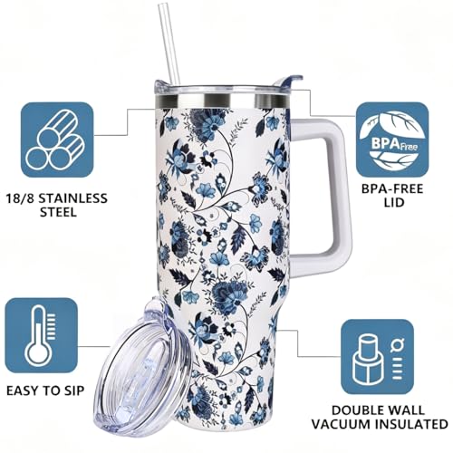 SYACOT 40 oz Insulated Stainless Steel Tumbler with Handle, Straw & Leak Proof Lid - Ceramic Variation