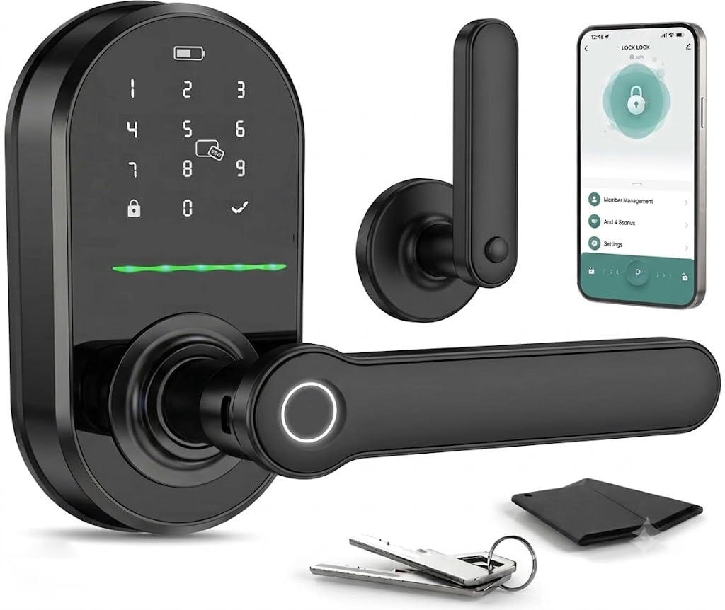 HEI LIANG Smart Door Handle with Biometric Fingerprint,Keypad Keyless Entry Door Lock for Front Door,5-in-1 Electronic Door Lock with App Control,Auto Lock,Reversible for Left/Right Hand,Deep Black