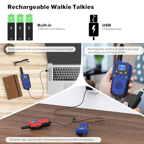 WokTok Long Range 3-Pack Two-Way Radio Walkie Talkies for Camping Hiking, SOS, NOAA Weather Alert, Rechargeable Batteries, Red-Blue-Purple
