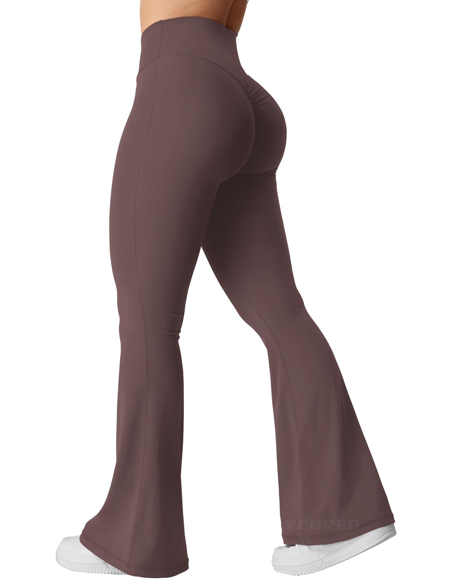 YEOREO Kalie Flare Scrunch Leggings for Women V Cross Waist Bell Bottom Yoga Pants Tummy Control Bootcut Workout Leggings Plum Brown M