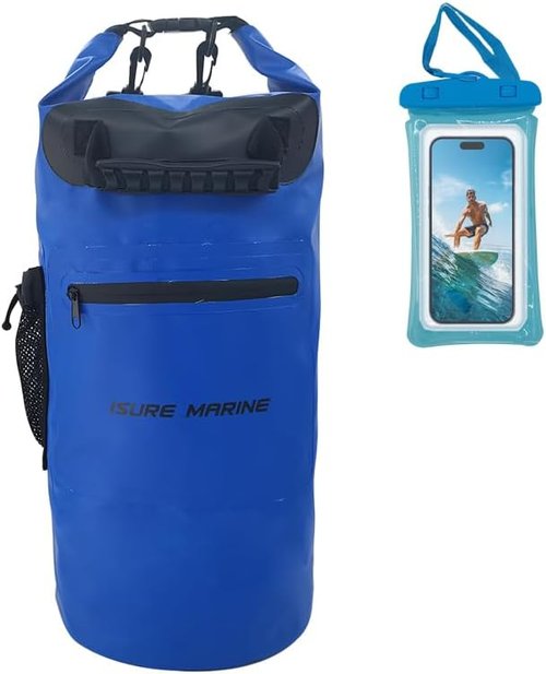 ISURE MARINE Waterproof Dry Bag - 20L with Zippered Pocket for Kayaking, Boating & Fishing | Blue