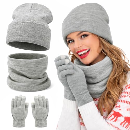 Winter Beanie Hat Neck Warmer Touchscreen Glove Set - Grey