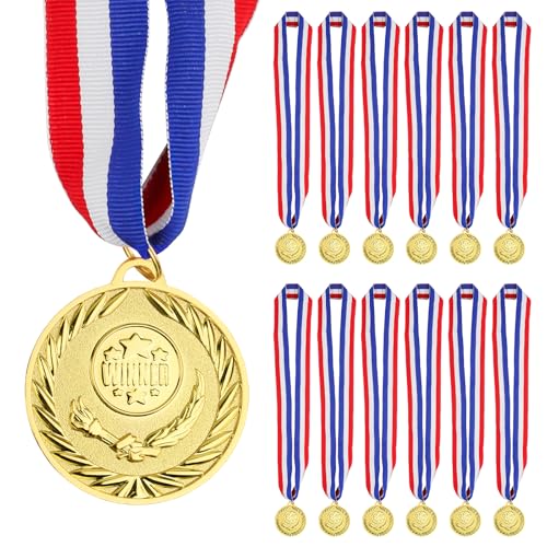 Gold Olympic-Style Medals Set of 12 with Ribbons - 2 Inch