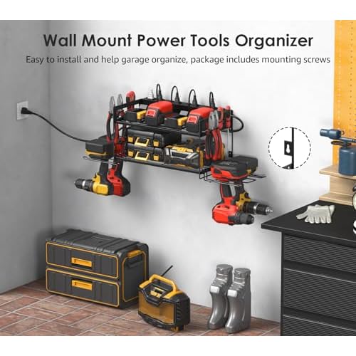 CCCEI Garage Tools Storage with Charging Station. Power Tool Battery Organizer Utility Shelf with Power Strip. 4 Drills Holder Wall Mount Rack, Black.