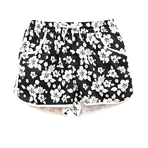 Kids Hawaiian Swim Board Shorts - Quick Dry Floral Black, 11-12 Years