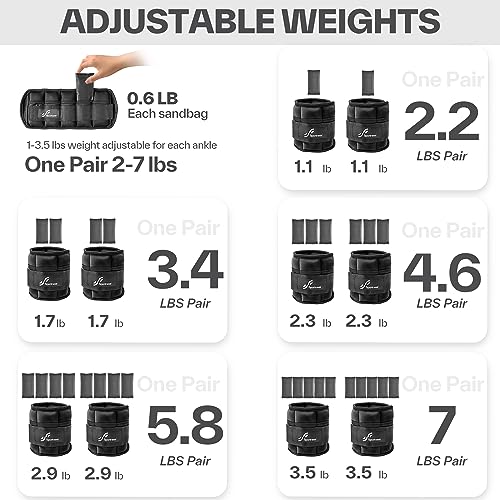 Sportneer Adjustable Ankle Weights Black, 2-7 lb per Pair, Removable Sandbags for Fitness & Rehab