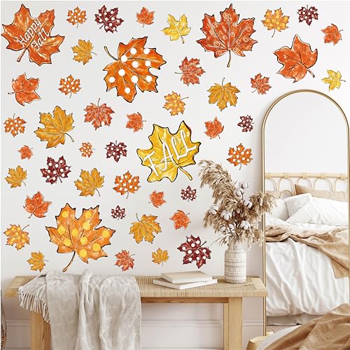 Fall Wall Stickers Maple Leaves Oil Painting Wall Decals Autumn Room Mural Stickers for Thanksgiving Home School Office Party Decor, 7.9 x 11.8 Inch, 9 Sheets