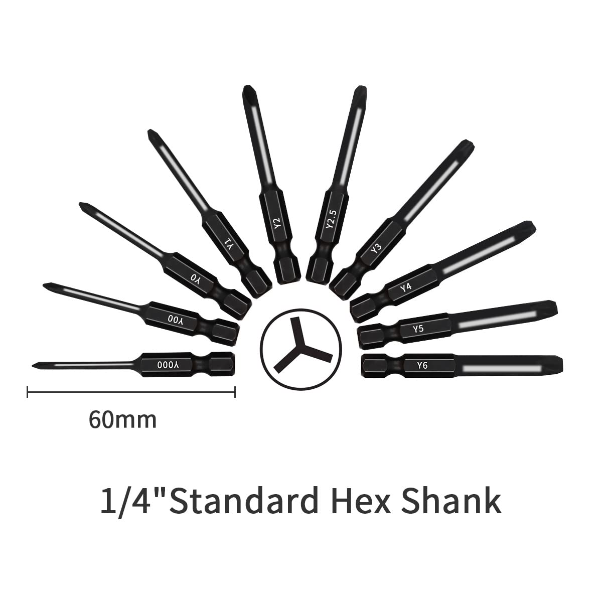 TriWing Bit Set (10 Pack - 2.3" Long Magnetic Heads) in The Following Tri Wing Bits Screwdriver Sizes: Y000, Y00, Y0, Y1, Y2, Y2.5, Y3, Y4, Y5, and Y6
