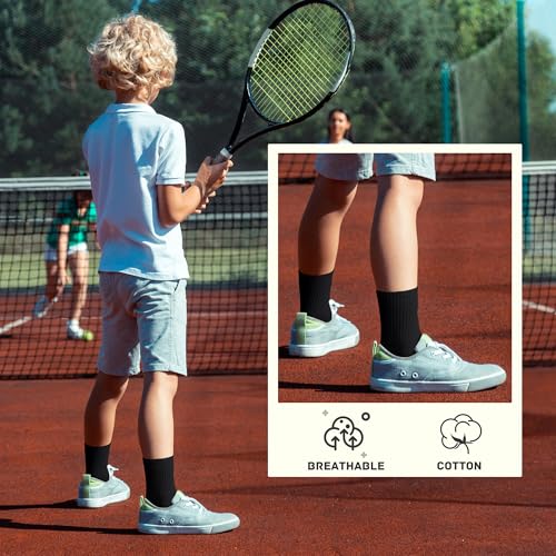 Kids Athletic Crew Socks - 6 Pairs Unisex Soft Cotton Black Stripe (6-8 Years)