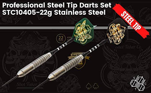 SHOT TAKER CO. 22g Black Skull Steel Tip Darts Set - Professional 6pc with Shafts, Flights & Sharpener