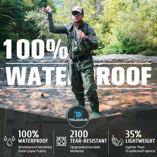 Trudave Waterproof Chest Waders for Men and Women with Boots, 2-Ply Nylon/PVC, Green, M12
