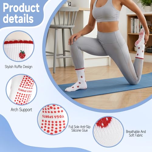 Pilates Socks with Grips for Women - 4 Pairs in Pink, Red, Blue & Green