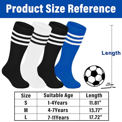 LPMOERA 4 Pairs Toddler Knee High Soccer Socks for Boys Girls, 4-7 Years, Black/Black/White/Blue