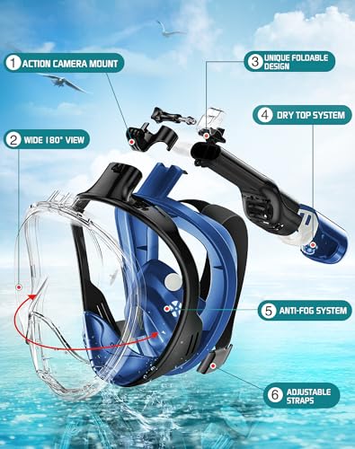 Full Face Snorkel Mask with Camera Mount - Cerulean Blue, L/XL