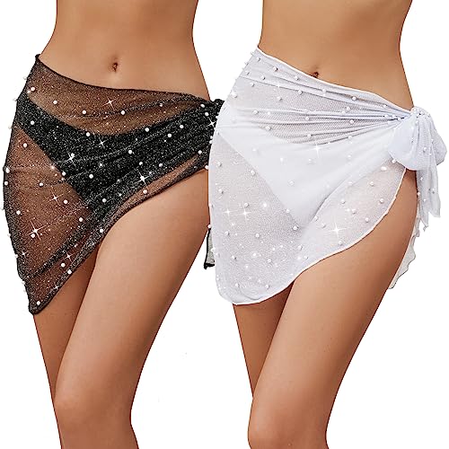 Pearl Crochet Skirt Cover Up for Swimwear - Glitter Black+White