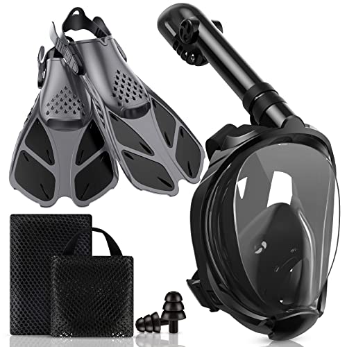 Full Face Snorkel Mask Set with Fins - Black L/XL, Travel Bag