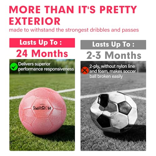 SwiftGlobe Size 4 Pink Glitter Soccer Ball for Kids 3-12 - Durable Youth Sports Gift