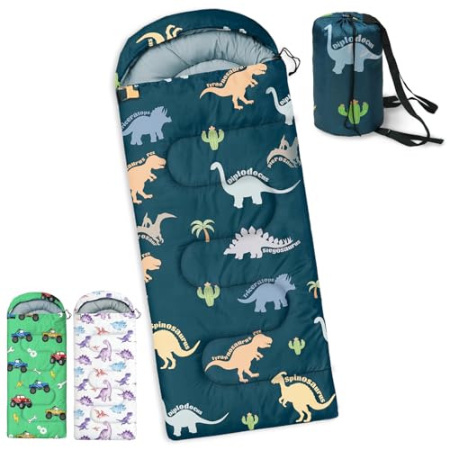 Kids Camping Sleeping Bag - Green Dinosaur, Lightweight Waterproof 3-Season for Boys & Girls