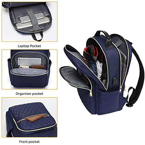 Vintage Canvas Backpack with USB Port - Quilted Blue, 15.6 Inch