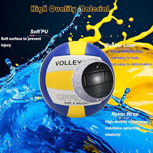 Official Size 5 Volleyball for Indoor/Outdoor - Soft Touch Ball with Pump (Yellow-Blue-White)