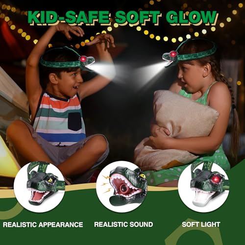 Dinosaur Headlamp for Kids - LED Flashlight with Roaring Sound - Green