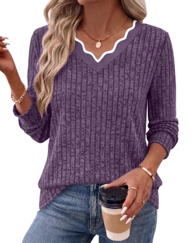 WIHOLL Women's Long Sleeve Fall Tunic Top with Scallop Neck - X-Large Purple