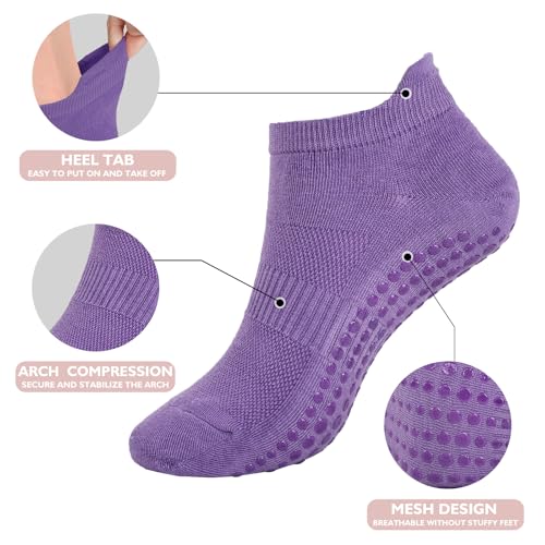Pilates Socks with Grips - 6 Pairs Non-Slip Gym Socks - Black, Light Gray, Dark Gray, Blue, Pink, Purple - Medium