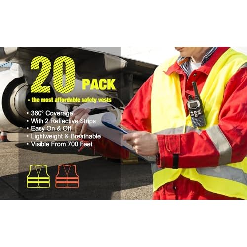 DUSKCOVE 20 Pack High Visibility Safety Vest for Traffic Work, Running, Surveyor and Security Guard - Construction Vest with 2 Reflective Strips, Made from Breathable Neon Yellow Mesh Fabric