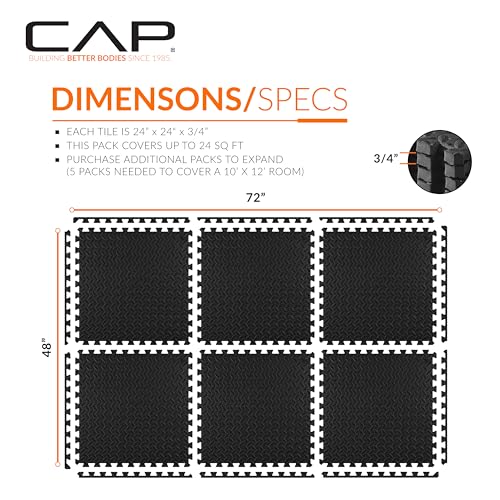 Interlocking Foam Exercise Mats - 3/4" Thick, Diamond - Black, 6 Tiles (24 SQ FT)