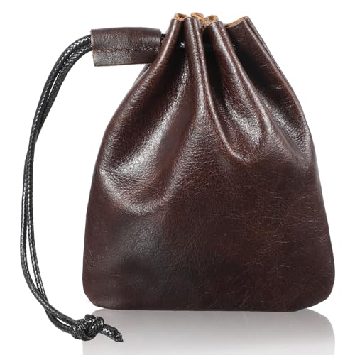Small Leather Drawstring Pouch - Cowhide Waterproof Coin Wallet