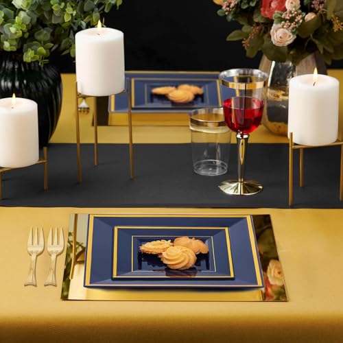 Blue and Gold 6-Inch Square Disposable Dessert Plates with Forks - 100 pcs - Wedding & Party