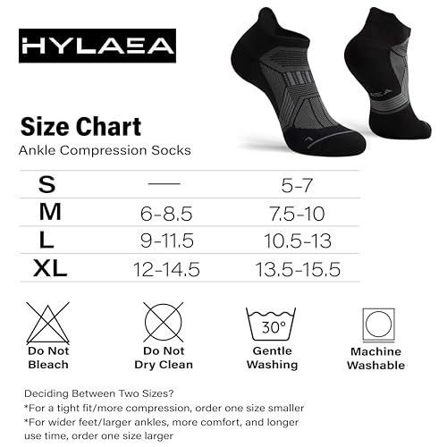 Hylaea Compression Ankle Socks for Running - Large Black 6 Pairs, Moisture Wicking Athletic Socks