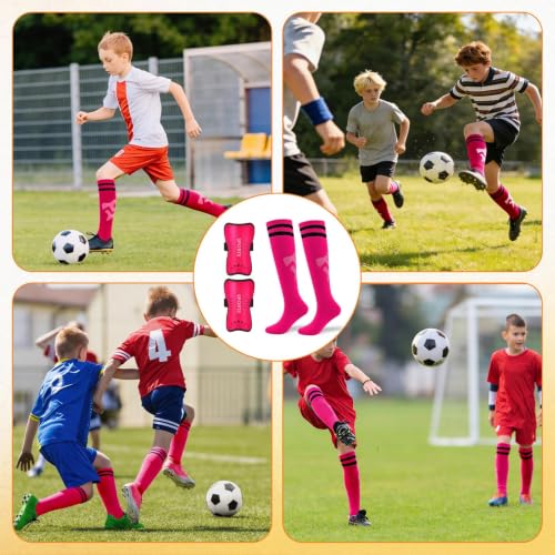 Kids Soccer Shin Guards Set with Socks - Rose Red, Ages 5-10