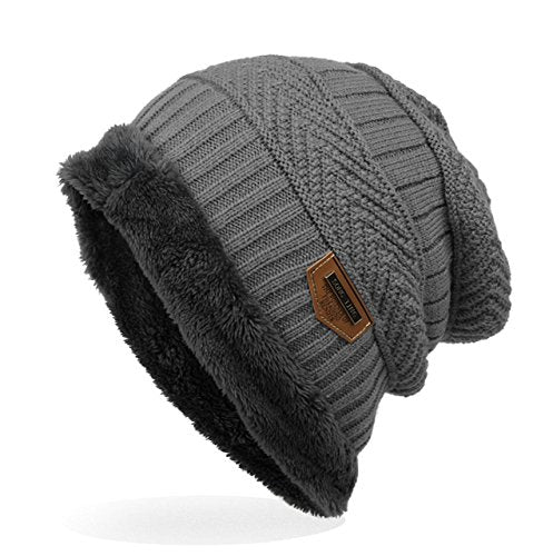 Men's Thick Wool Knit Beanie Hat - Soft Lined, Medium Gray