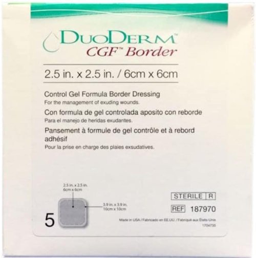 ConvaTec DuoDERM Control Gel Formula 2.5"x2.5" Hydrocolloid Sterile Adhesive Border Dressing for Hard to Dress Wounds, Medical Grade, Latex-Free, Waterproof, Square, Beige, 5ct Box